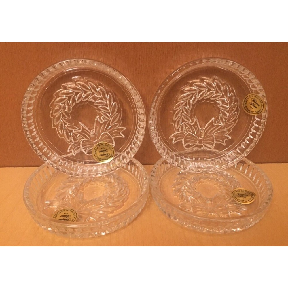 4 Princess House #899 Christmas Wreath  Lead Crystal Coasters Christmas USA